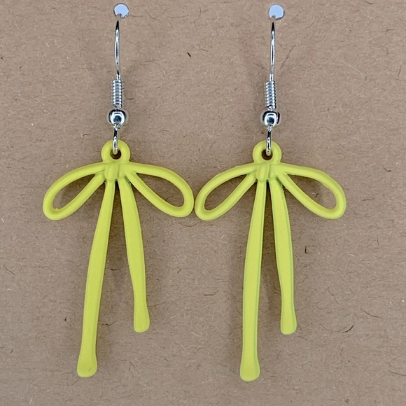 Fashion Jewelry Jewelry - Yellow Gloss Coated Metal Bow Pendant Earrings Fashion Jewelry